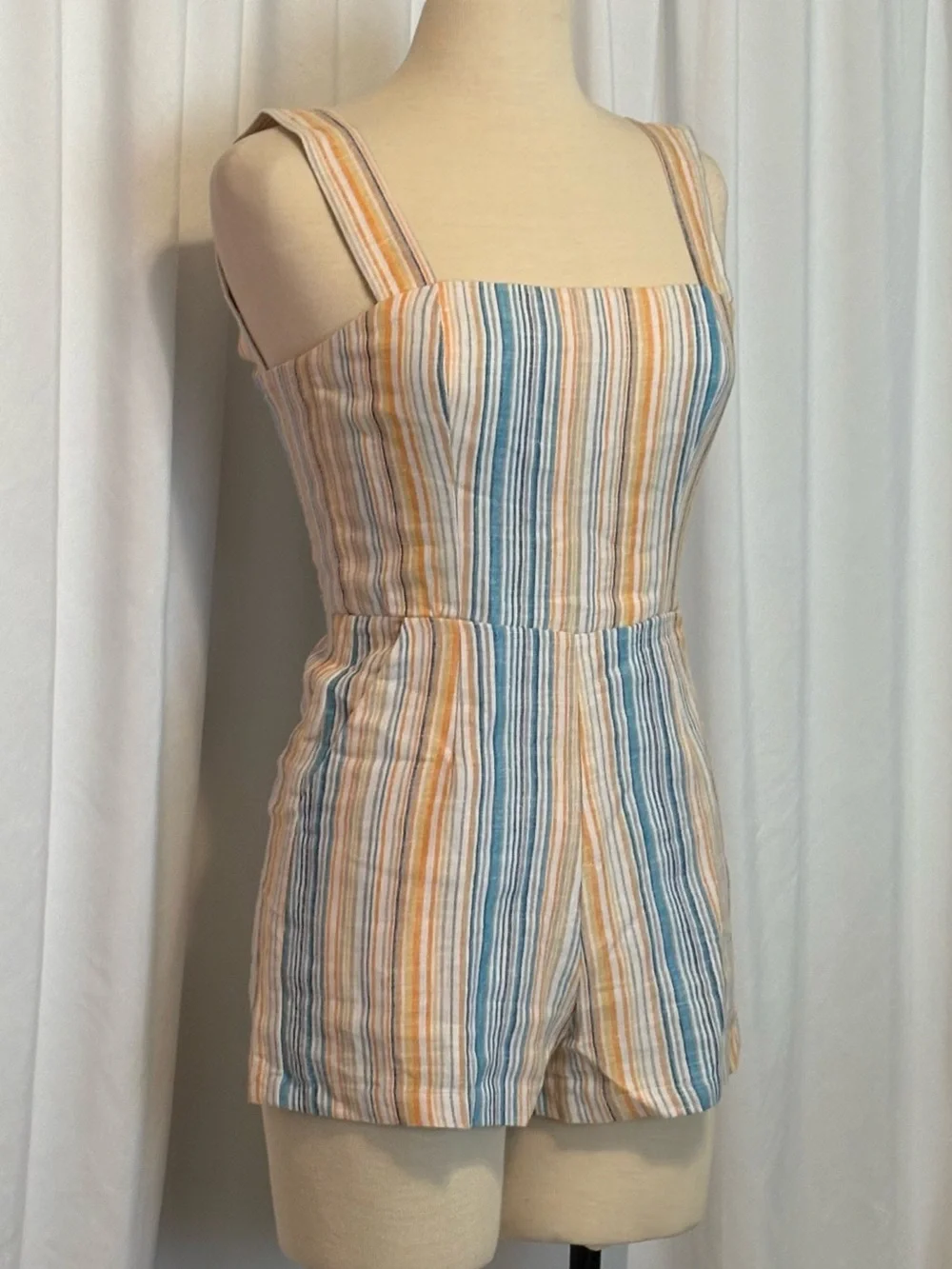 Reformation Island Linen Striped Shorts Romper in Marbella Orange & Blue